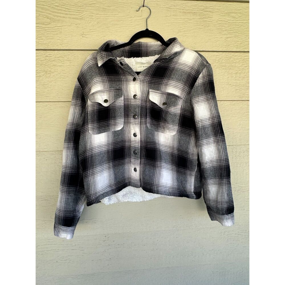 Lucky Brand Plaid Flannel Cropped Sherpa Lined Trucker Shacket, Women's Size S